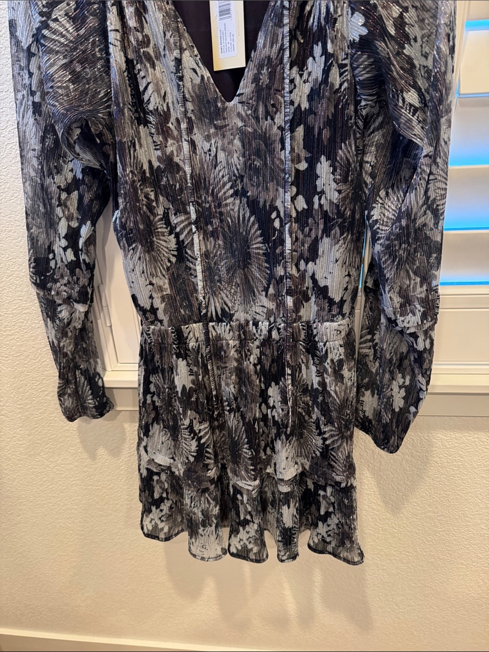 Ramy Brook Black & White Floral Long-Sleeve Tiered Mini Dress - Picture 5 of 10